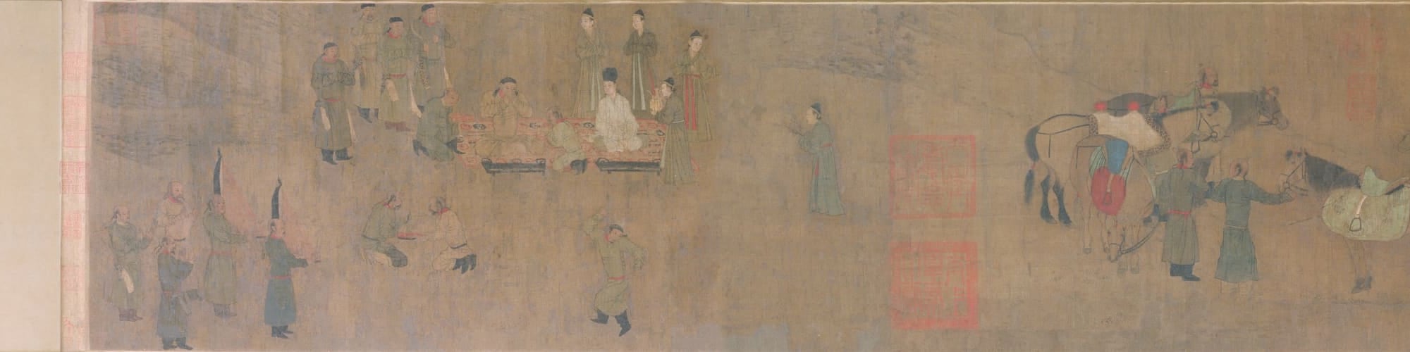 《卓歇圖》局部，契丹遊牧宴歇、髡髮窄袍男子與馬