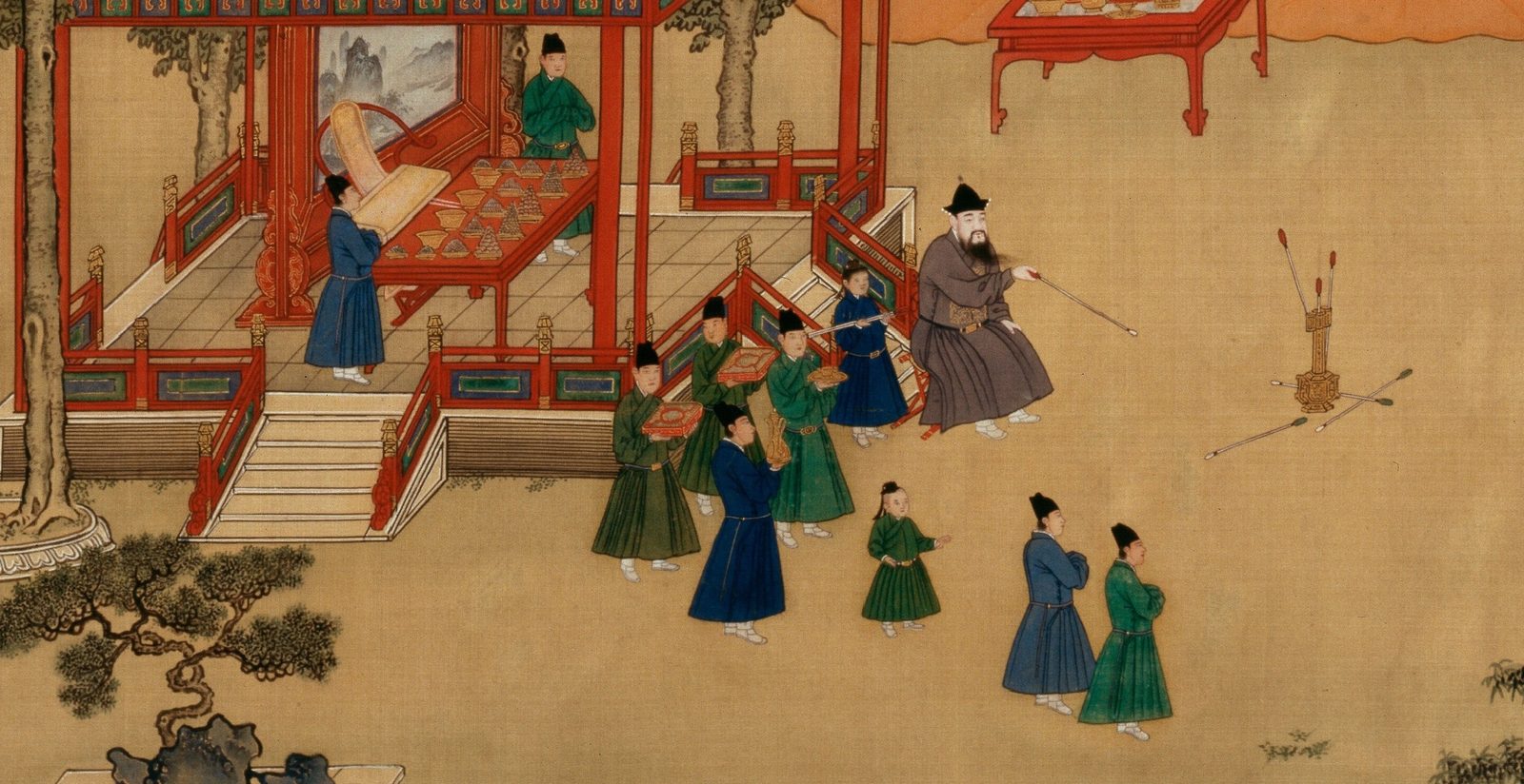 《明宣宗行樂圖》局部，宣宗與侍從著曳撒、大帽