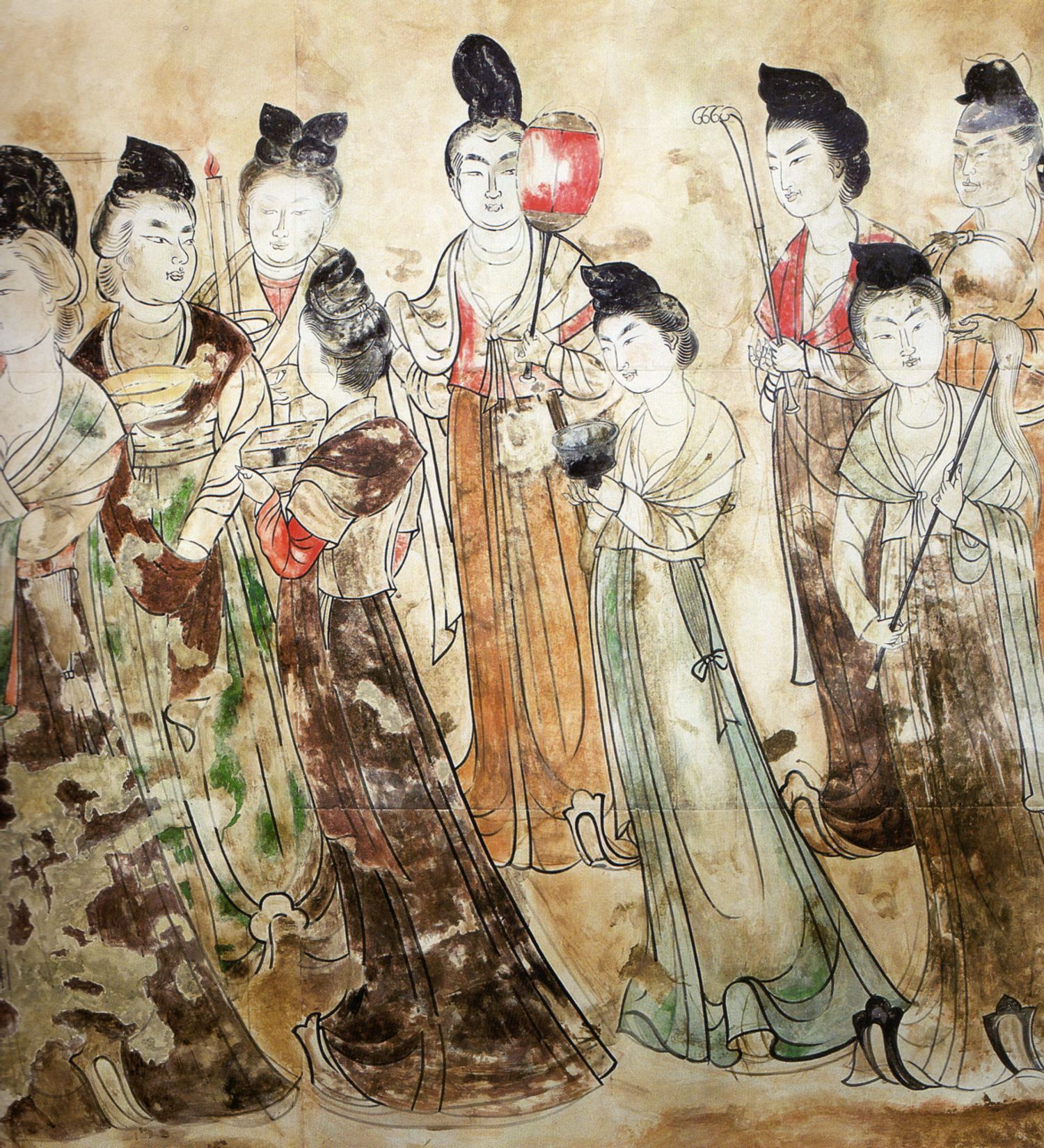 永泰公主墓《宮女圖》壁畫，唐宮女列隊持物，著間色裙、披帛、半臂