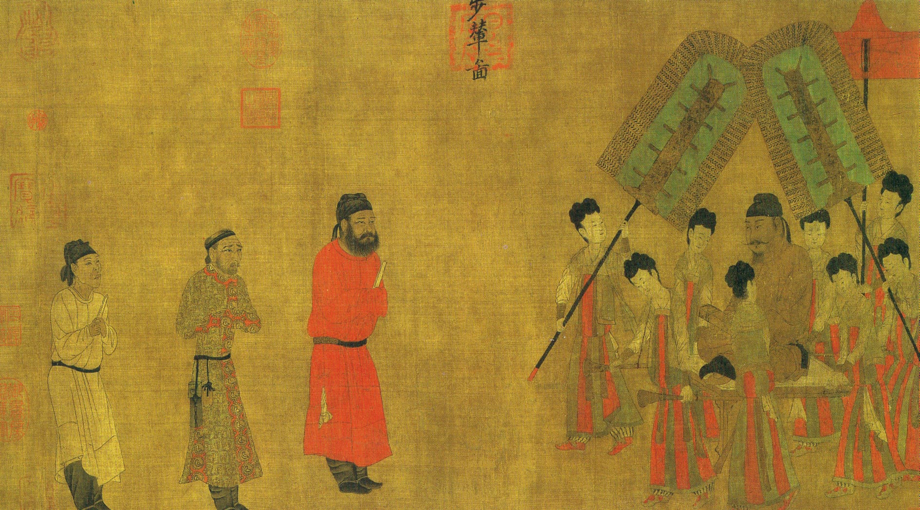 閻立本《步輦圖》，唐太宗坐步輦、著圓領赭黃袍與幞頭便服