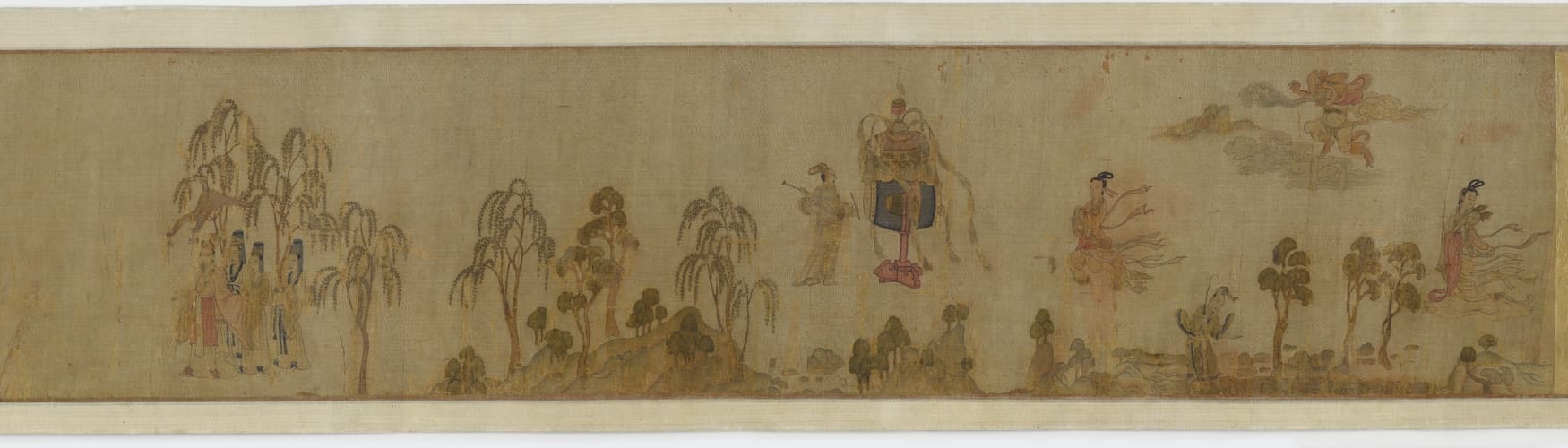 顧愷之《洛神賦圖》局部，洛神踏水、襳髾飄帶飛揚，柳下侍女
