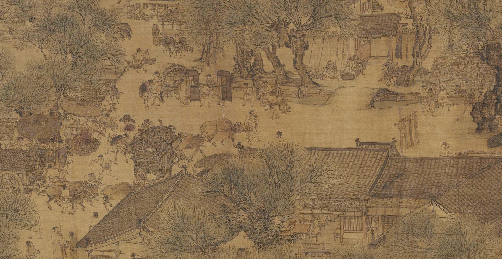 張擇端《清明上河圖》局部，市井腳夫、牛車、轎夫著短褐勞動