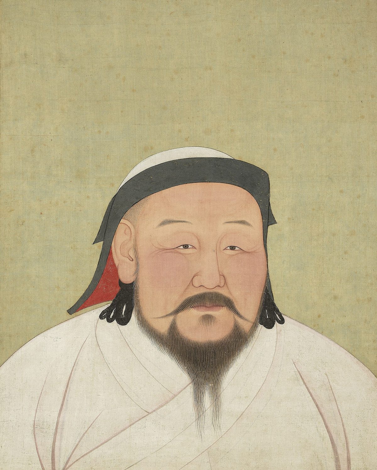 阿尼哥《元世祖忽必烈半身像》，白皮毛暖帽、髡髮垂辮環